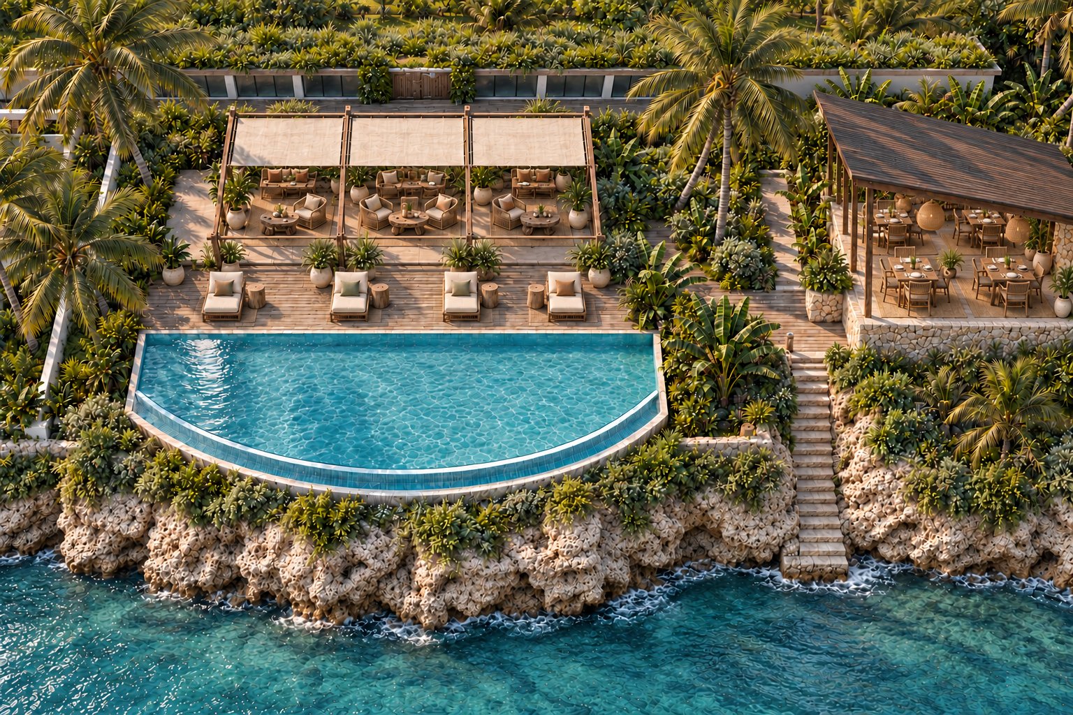 Render of the former lodge bar renewed as the beach club: the pool above the coral rock, shaded lounge and restaurant among the palms