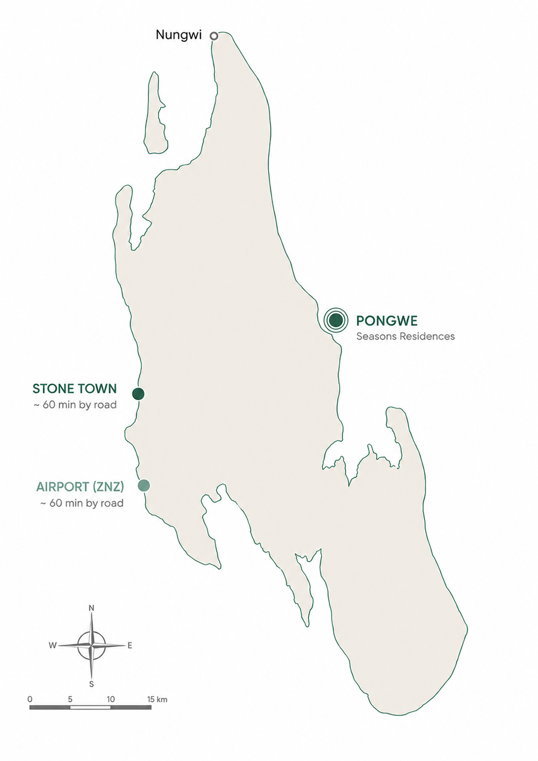 Map of Zanzibar showing Seasons Residences at Pongwe, east coast — 60 minutes from Stone Town and Zanzibar Airport by road